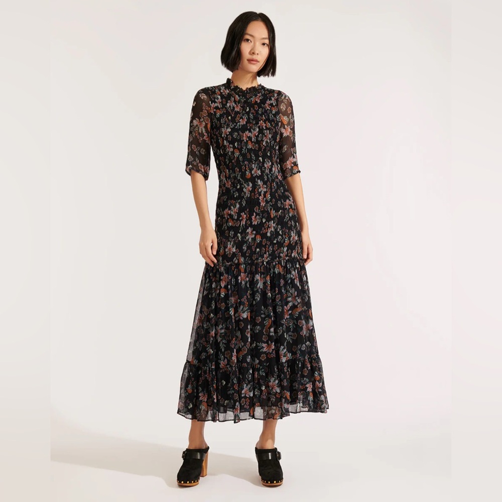 Veronica Beard Gabi Floral Smocked Dress Black Size 2 (XS)